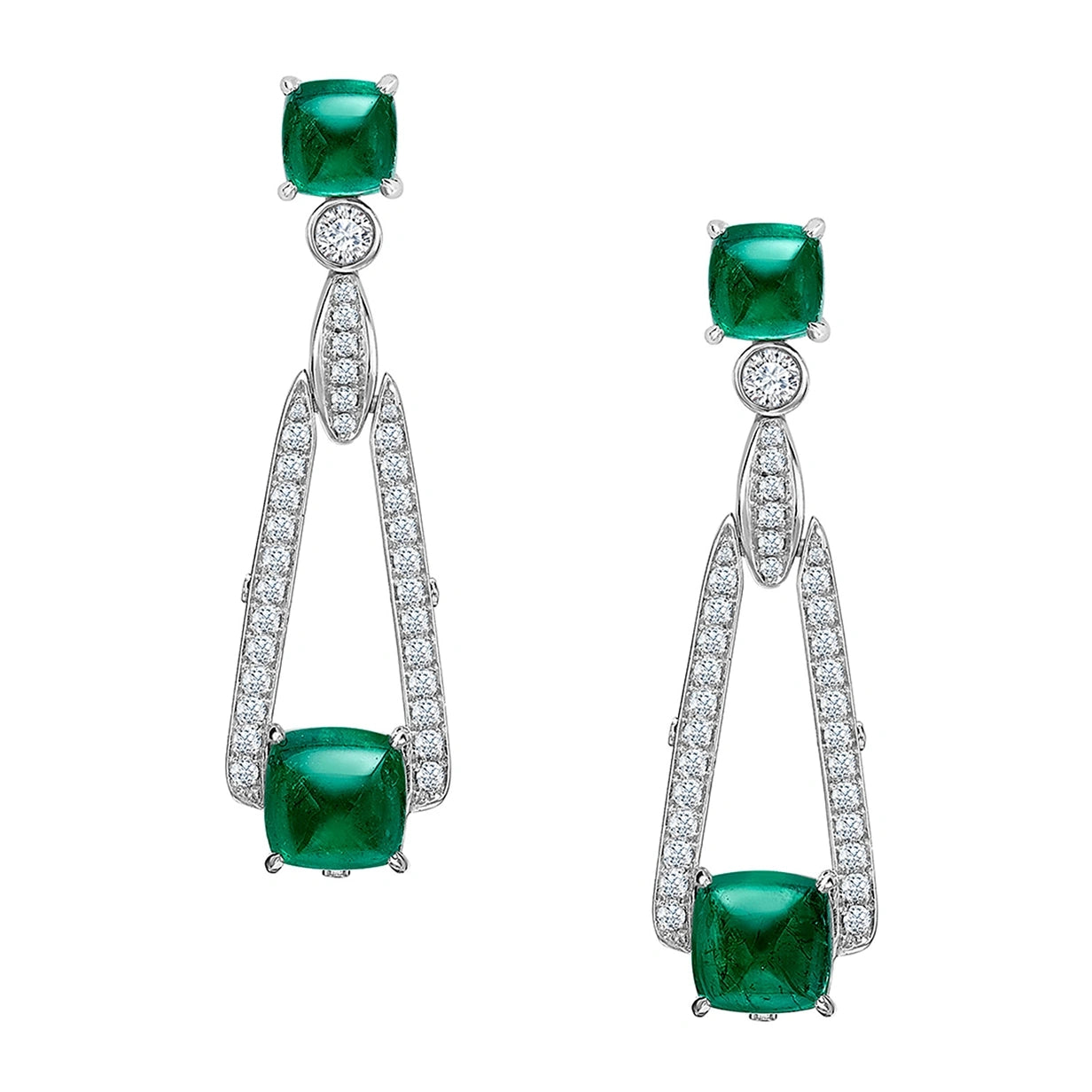 White Gold Sugarloaf Emerald Drop Earrings | Fabergé