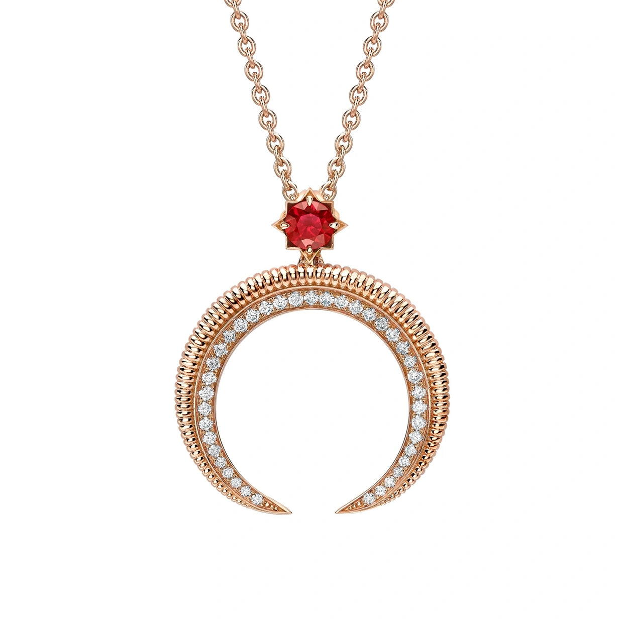 Crescent Rose Gold Ruby & Diamond Pendant | Fabergé