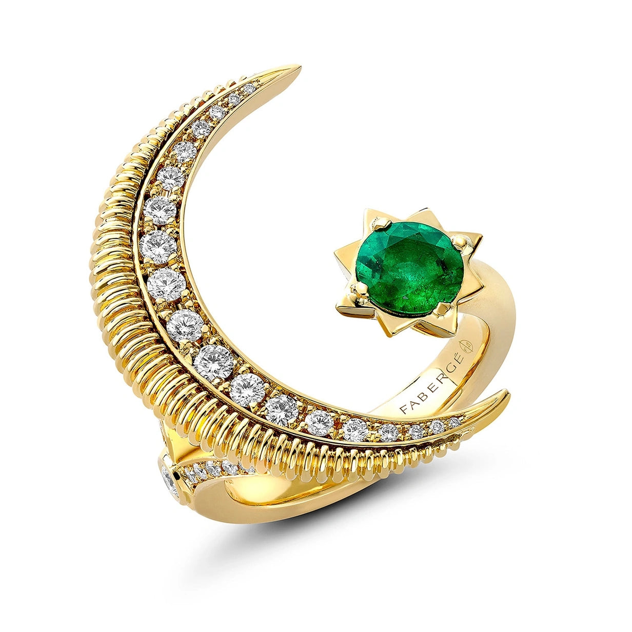 Crescent Yellow Gold Emerald & Diamond Ring | Fabergé