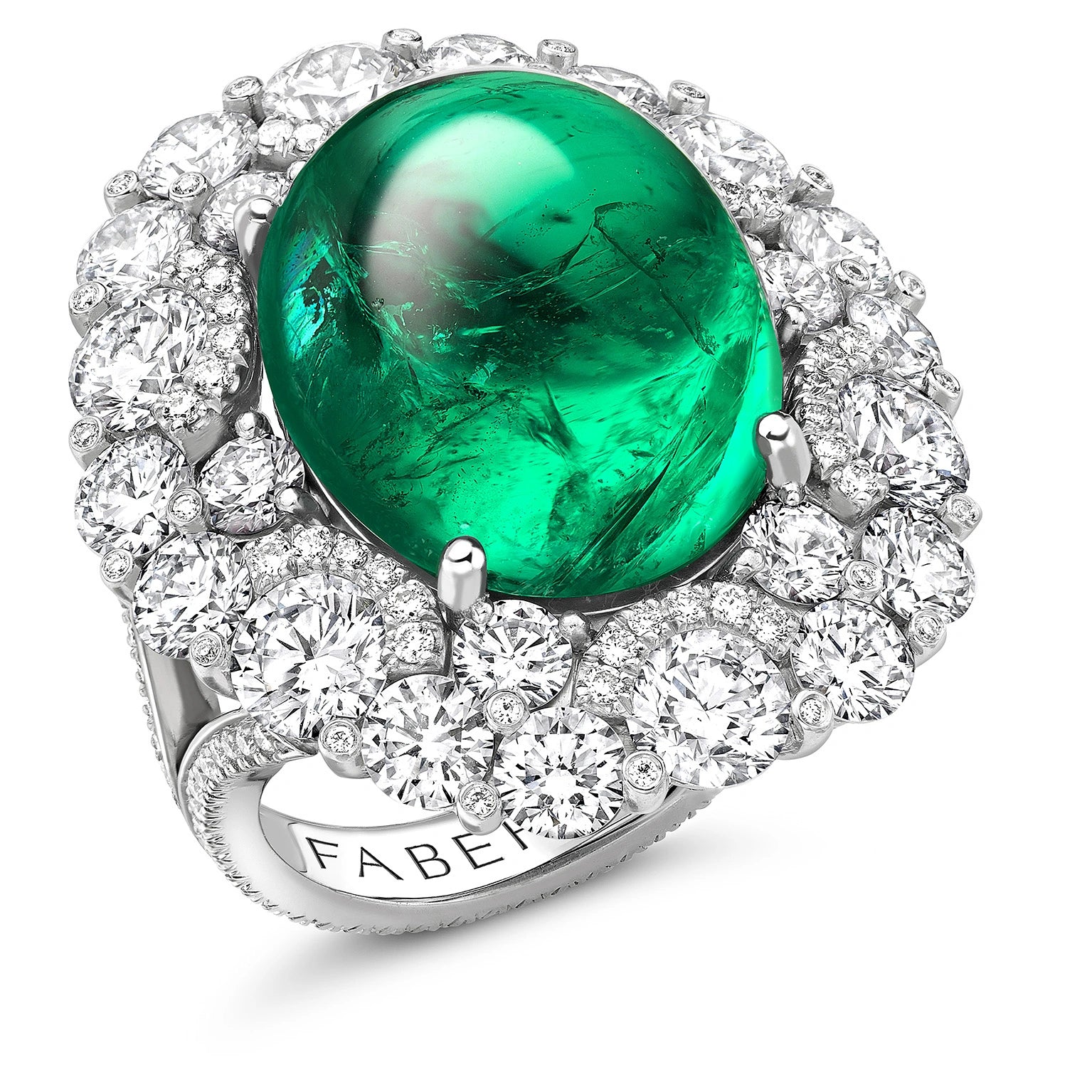Platinum Cabochon Emerald Halo Ring Set With Diamonds | Fabergé
