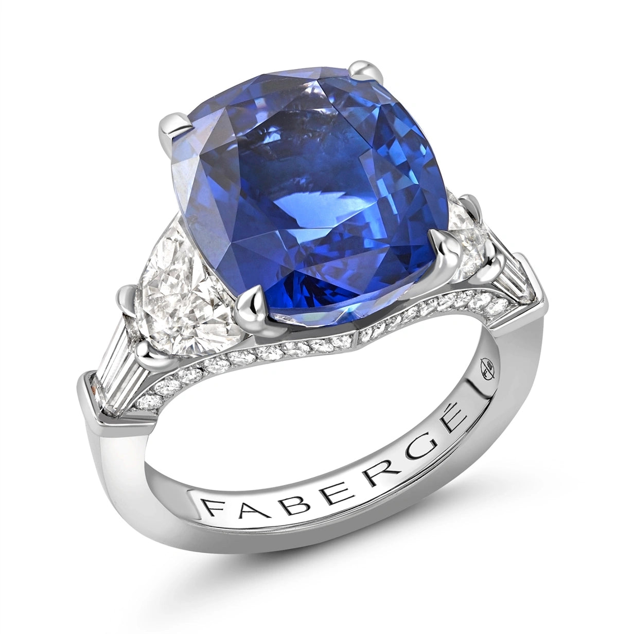 Platinum 10.03ct Cushion Cut Blue Sapphire Ring Set With Diamonds | Fabergé