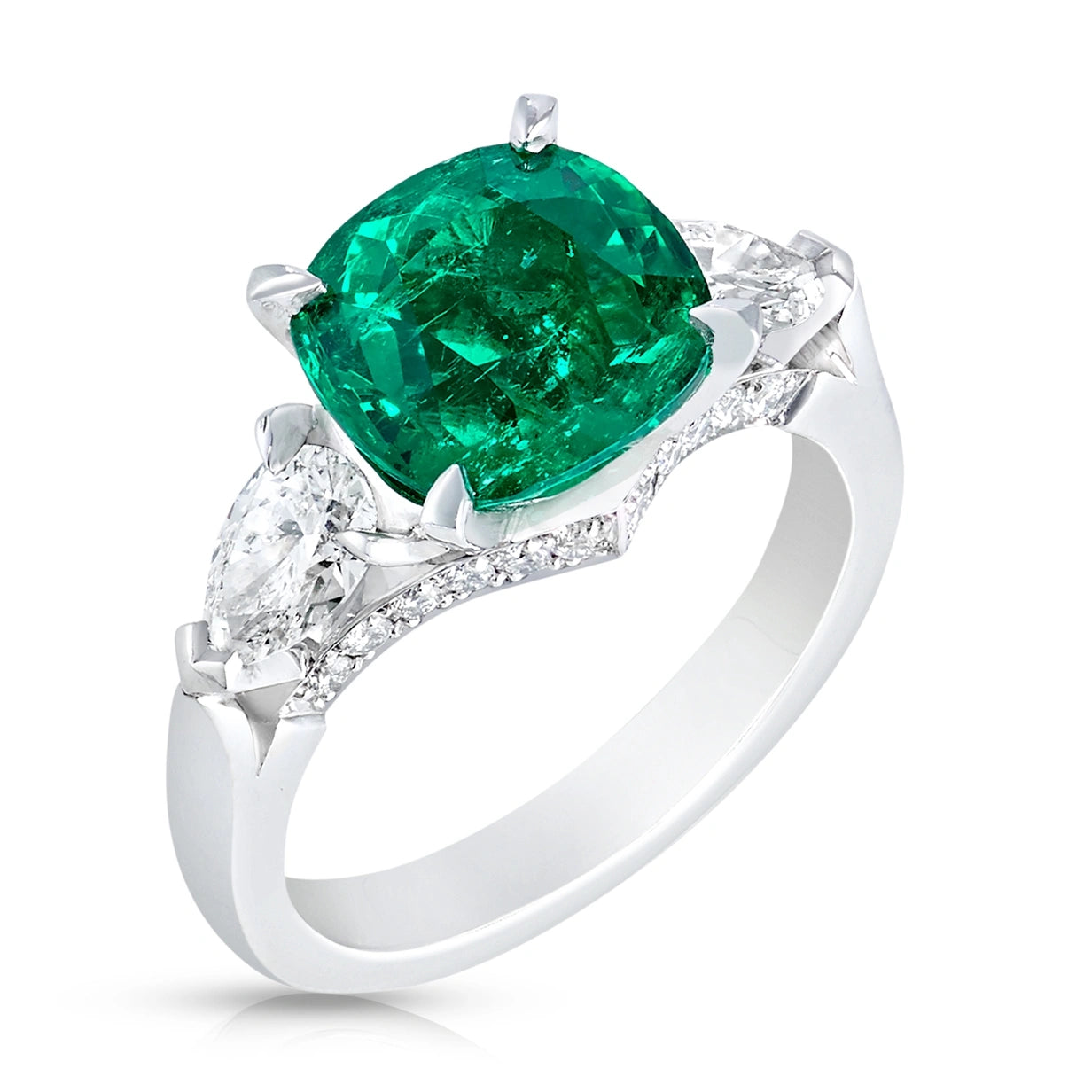 Colours of Love Platinum 3.36ct Emerald Cushion Cut Ring set with Diamonds
