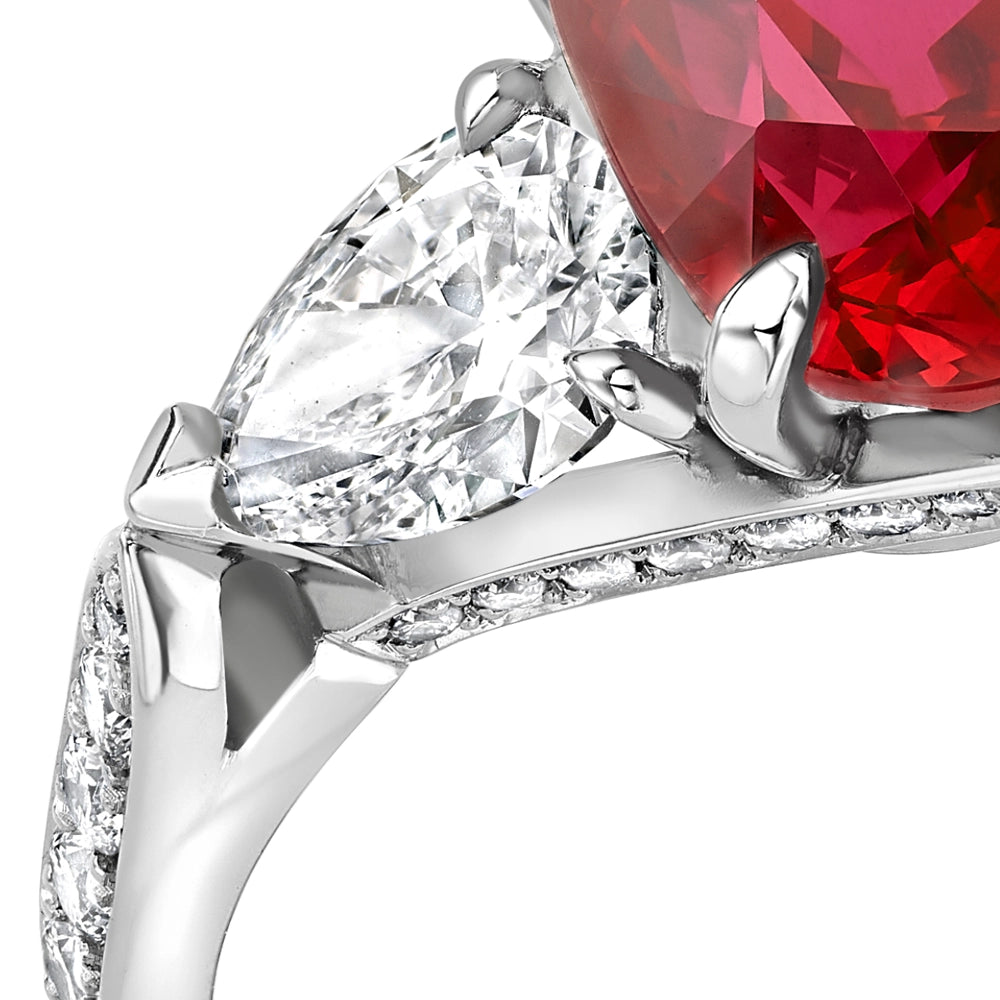 Platinum 4.33ct Oval Ruby Ring Set With Pear Shaped Diamonds | Fabergé