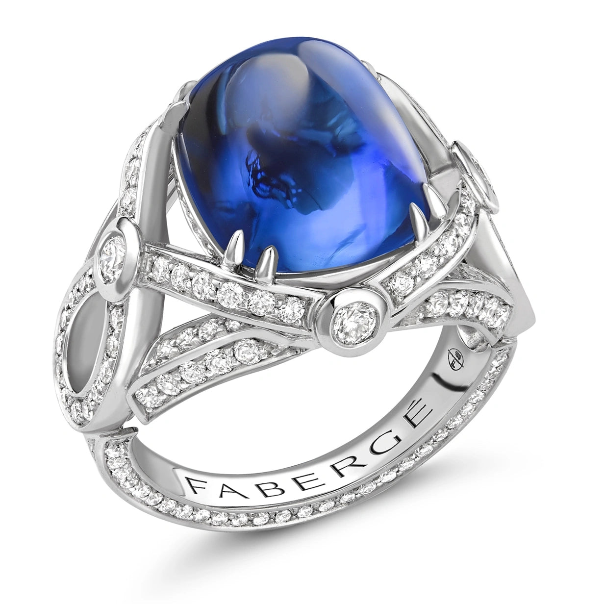 Platinum 11.21ct Sugarloaf Cut Blue Sapphire Ring Set With Diamonds | Fabergé