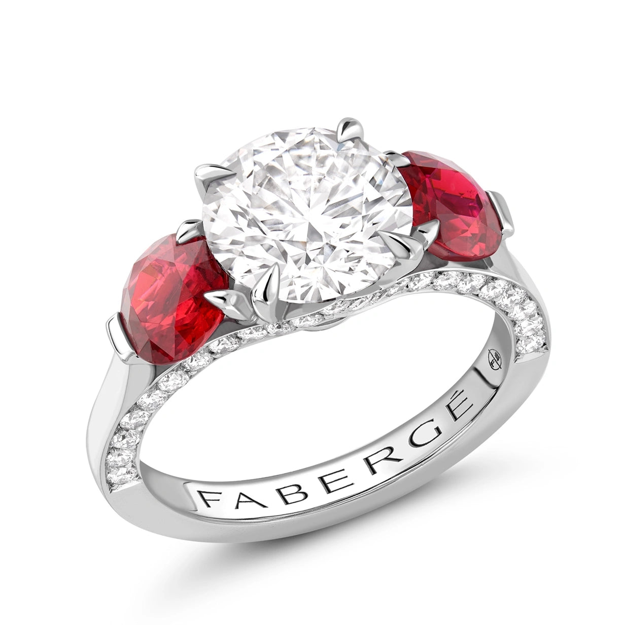 Platinum Diamond & Ruby Three Stone Ring | Fabergé