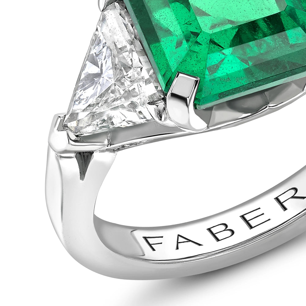 Platinum Octagon Cut Emerald Ring Set With Diamonds | Fabergé