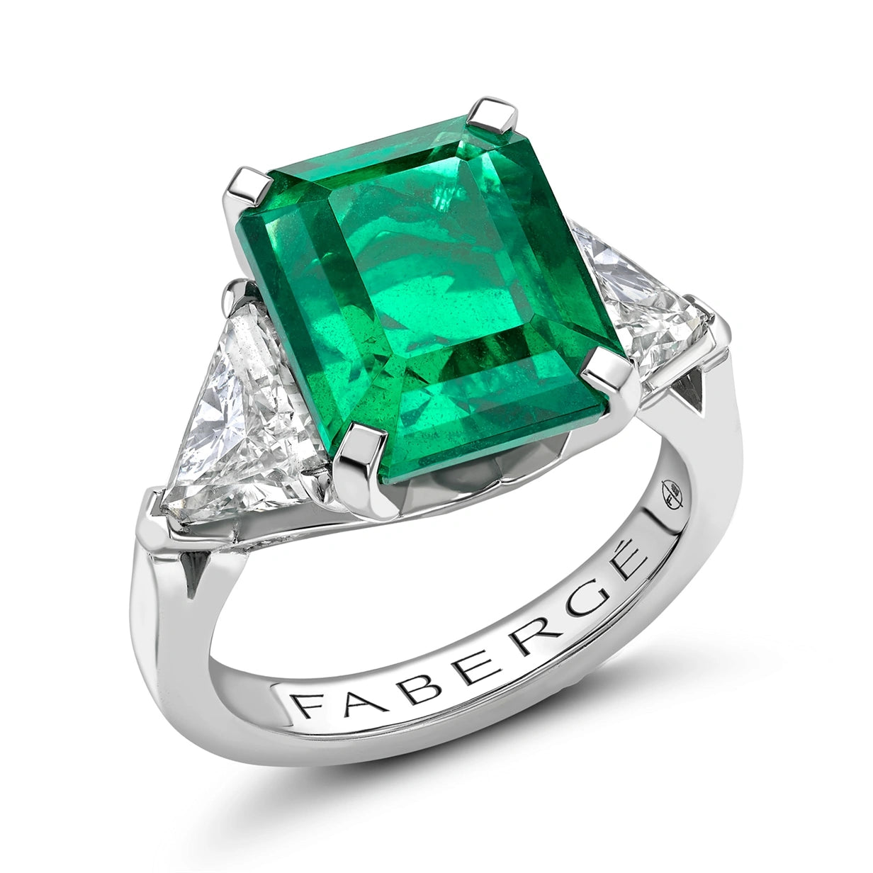 Platinum Octagon Cut Emerald Ring Set With Diamonds | Fabergé