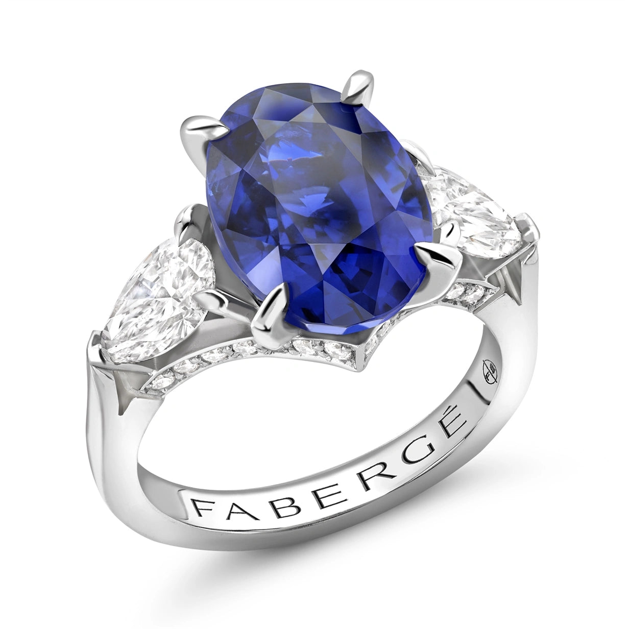 Platinum 3.47ct Oval Cut Blue Sapphire Ring Set With Diamonds | Fabergé