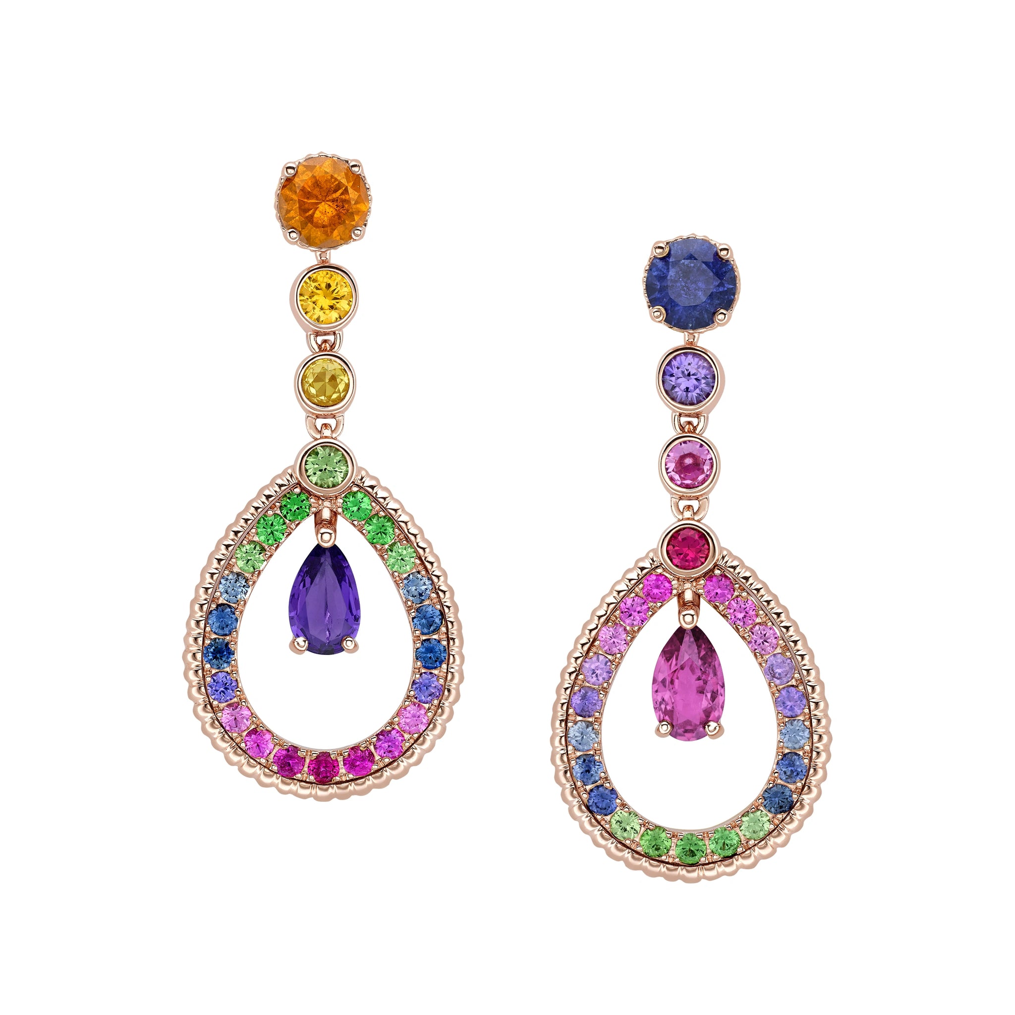 Rose Gold Amethyst and Pink Sapphire Rainbow Tear Drop Earrings | Fabergé