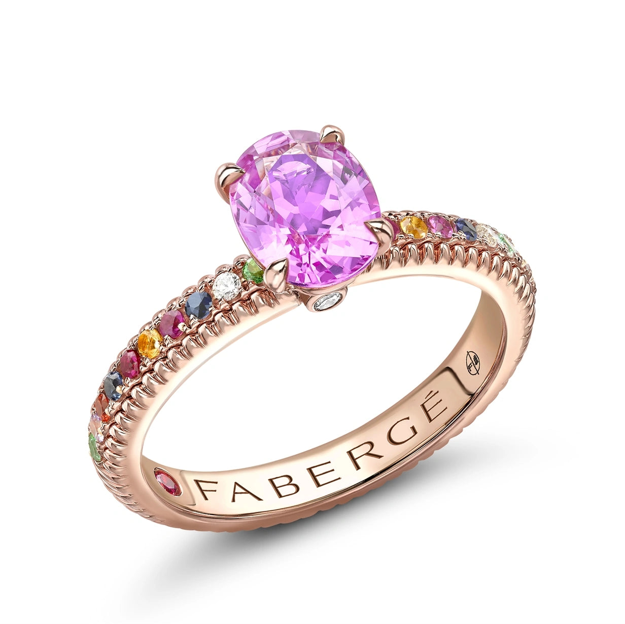 Rose Gold Pink Sapphire Fluted Ring with Multi Stone Set Shoulders | Fabergé
