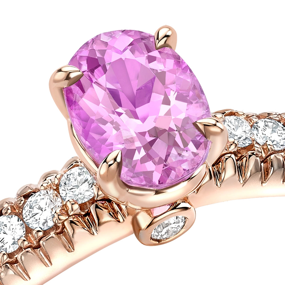 Rose Gold Pink Oval Sapphire Fluted Ring with Diamond Shoulders | Fabergé