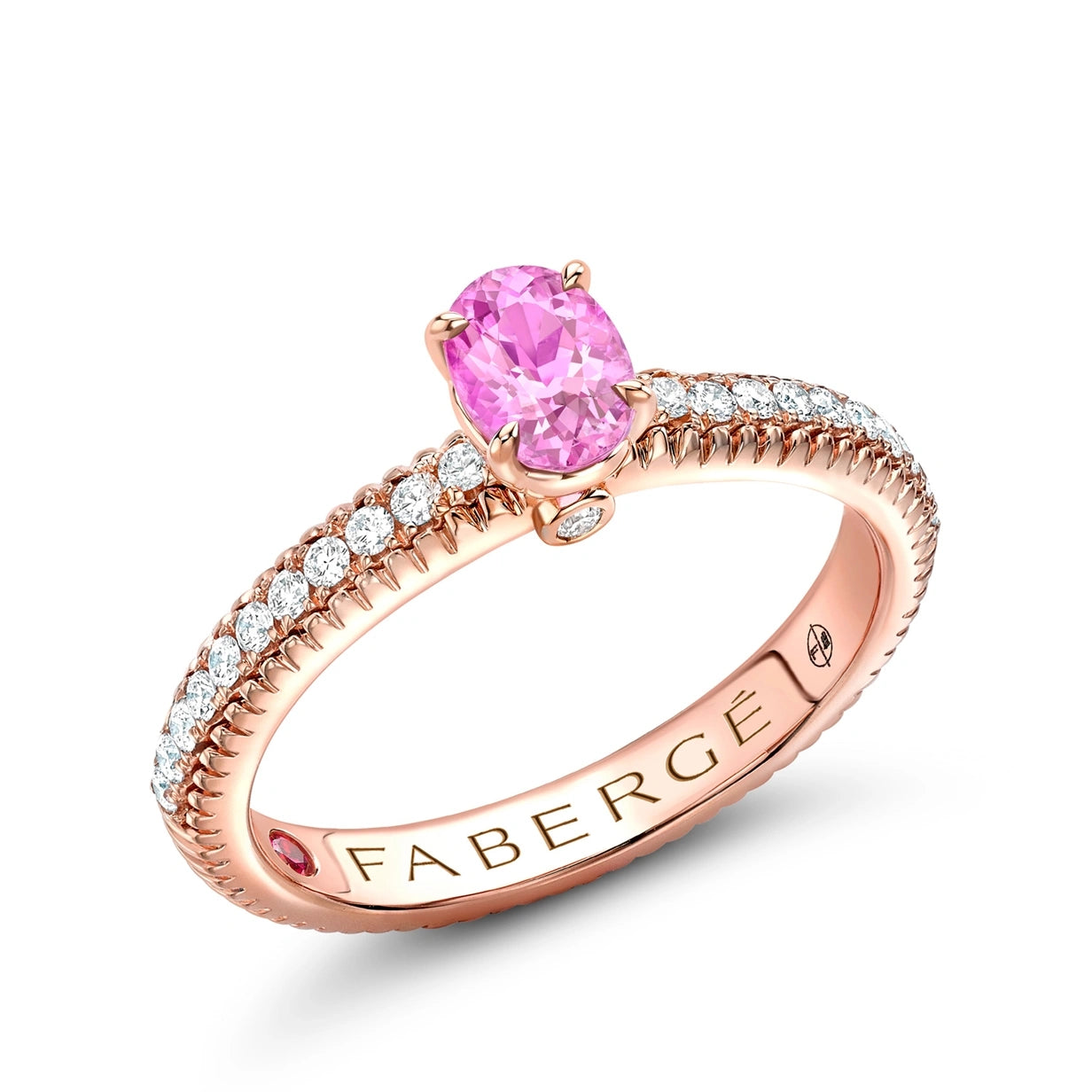 Rose Gold Pink Oval Sapphire Fluted Ring with Diamond Shoulders | Fabergé
