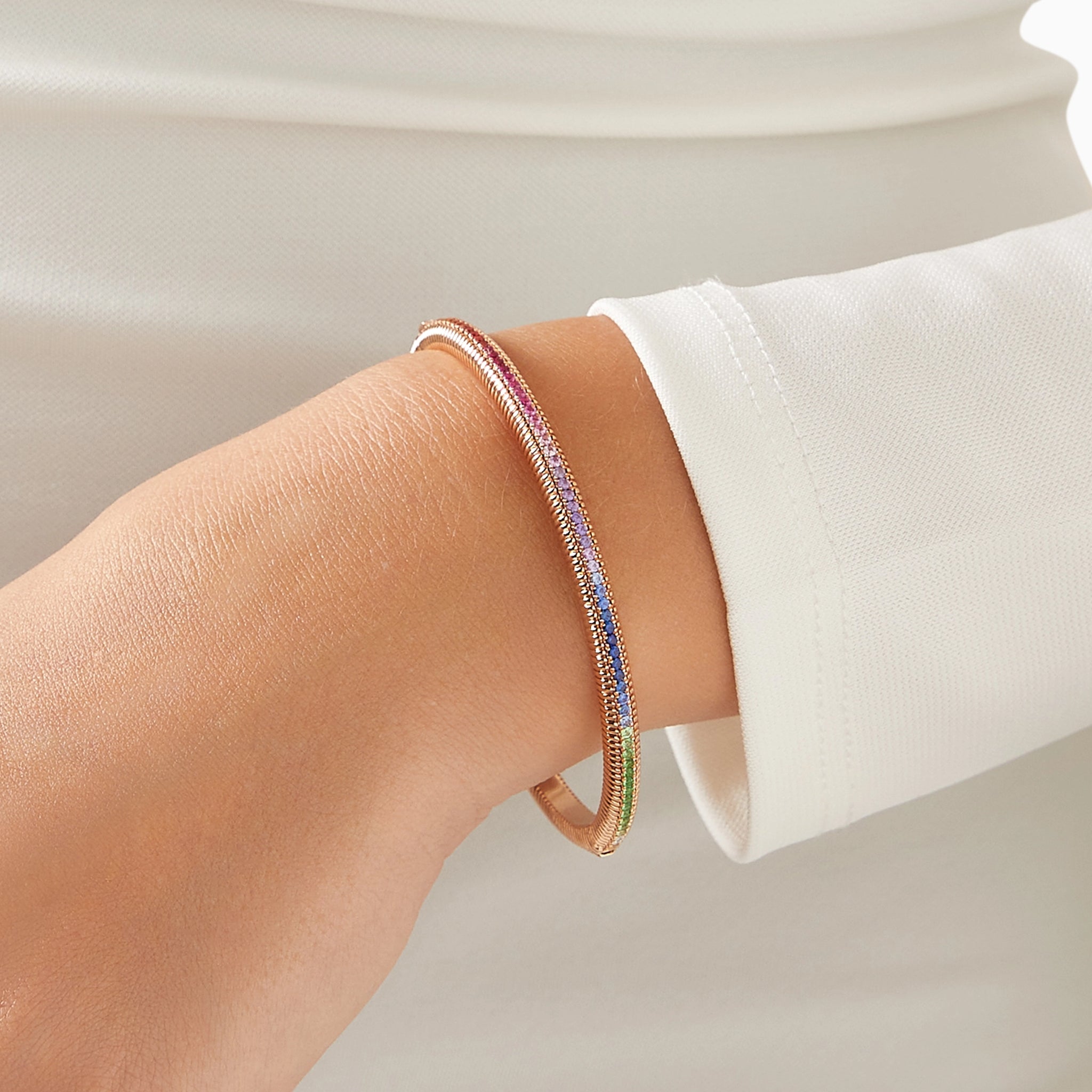 Rose Gold Rainbow Multicoloured Gemstone Hinged Fluted Bracelet | Fabergé