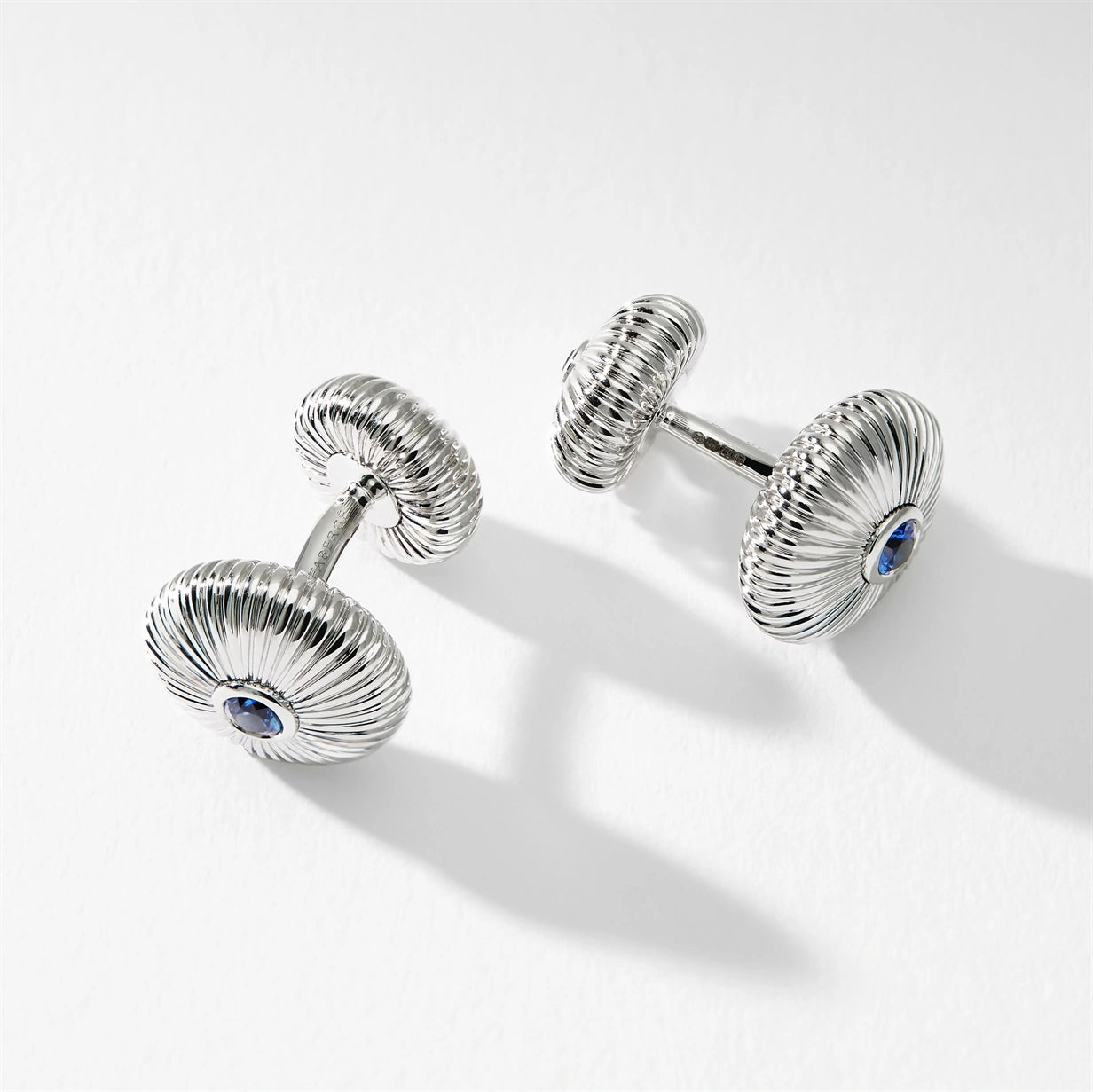 Colours of Love White Gold Blue Sapphire Fluted Round Cufflinks | Fabergé