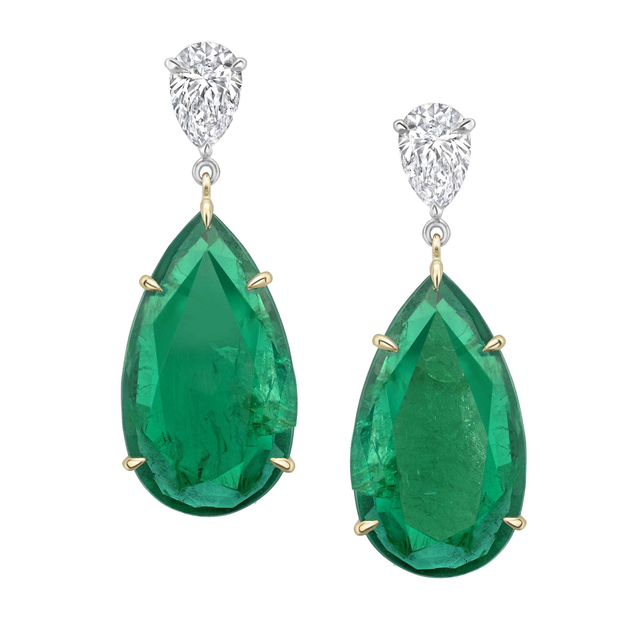 White Gold Pear shaped Emerald and Diamond Drop Earrings | Fabergé