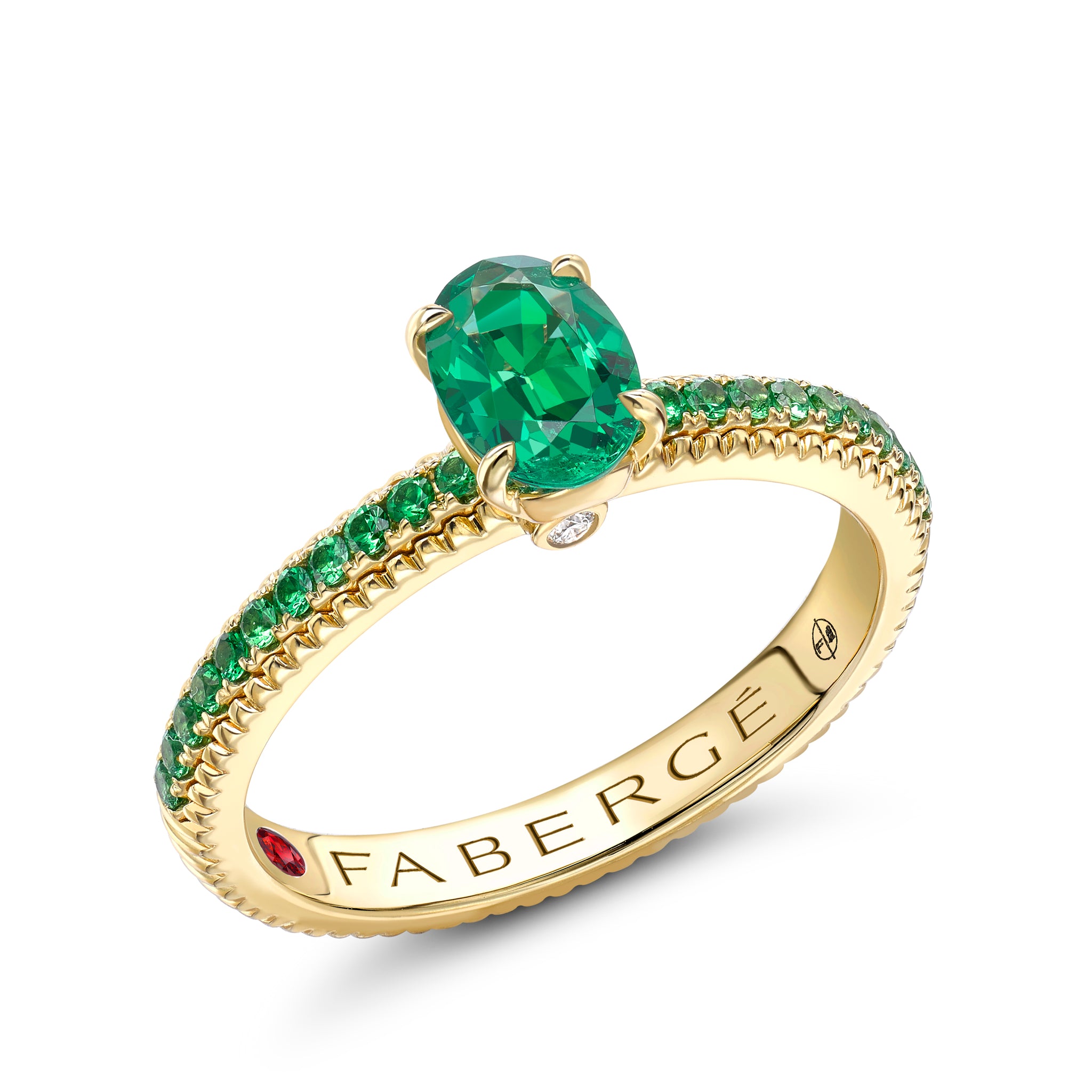 Yellow Gold Emerald Fluted Ring with Tsavorite Garnet Shoulders | Fabergé