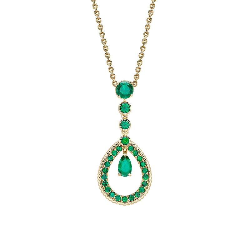 Colours of Love Yellow Gold Emerald Fluted Teardrop Pendant with Emerald Pavé Surround