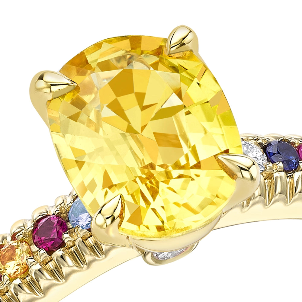 Colours of Love Yellow Gold Oval Yellow Sapphire Fluted Ring with Multicoloured Gemstone Shoulders