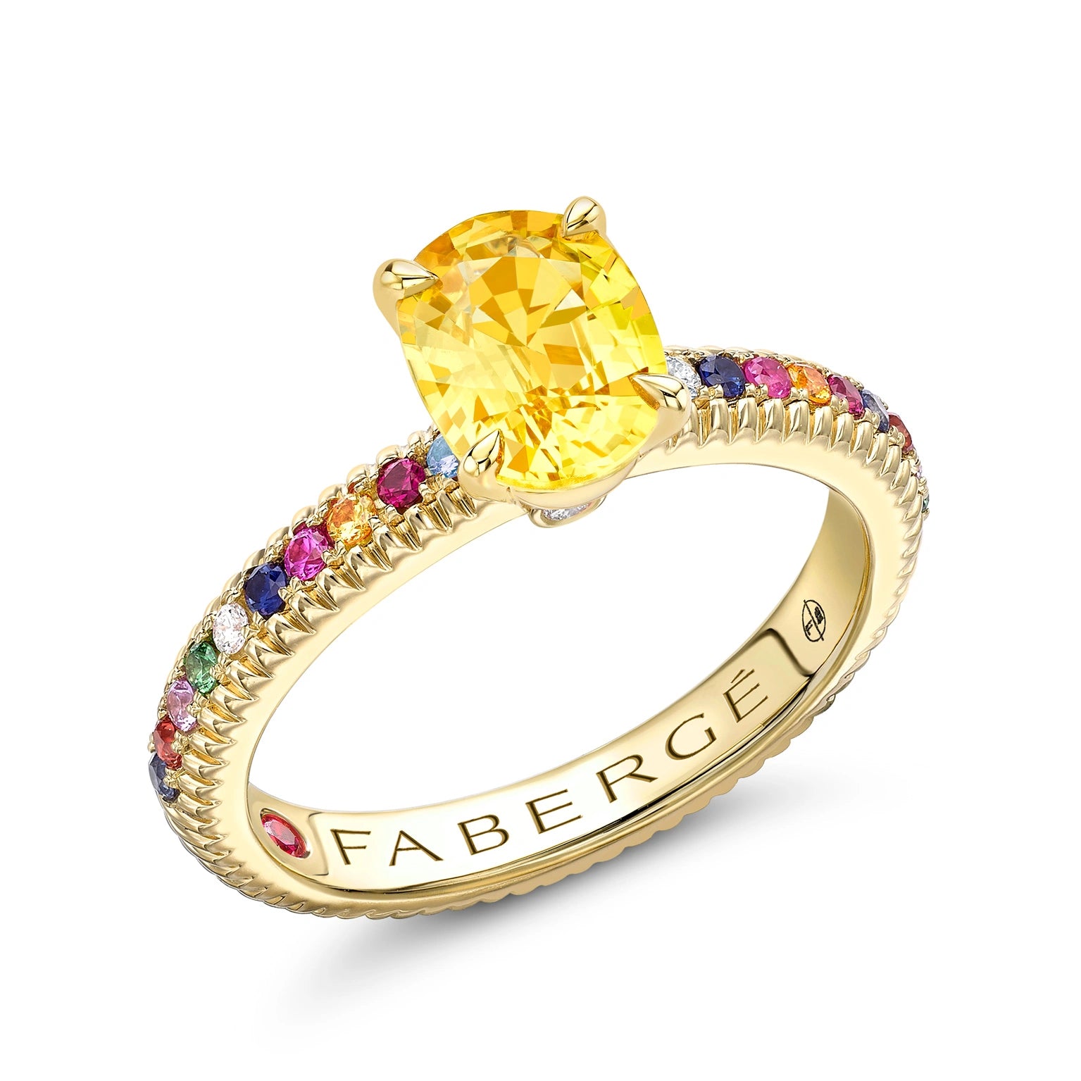 Colours of Love Yellow Gold Oval Yellow Sapphire Fluted Ring with Multicoloured Gemstone Shoulders