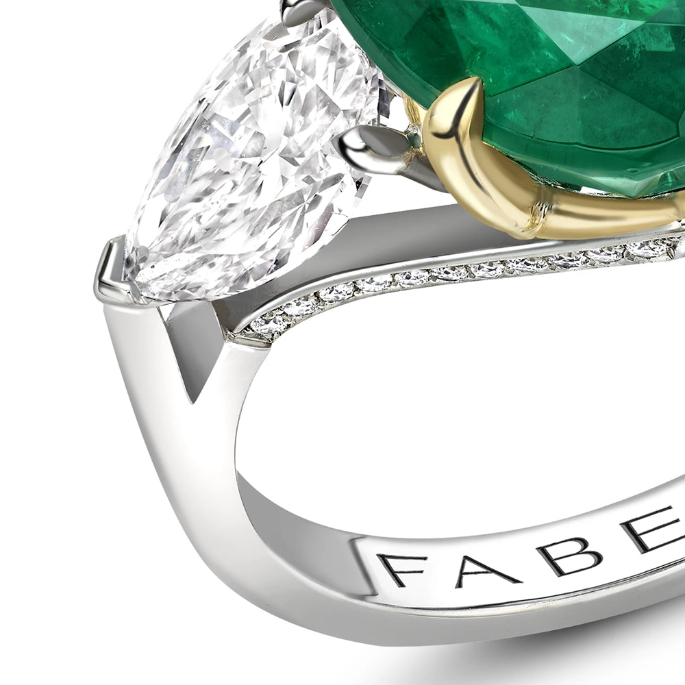 Yellow & White Gold Oval Emerald and Pear Shaped Diamond Chevron Ring | Fabergé