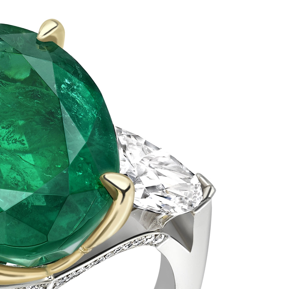 Yellow & White Gold Oval Emerald and Pear Shaped Diamond Chevron Ring | Fabergé
