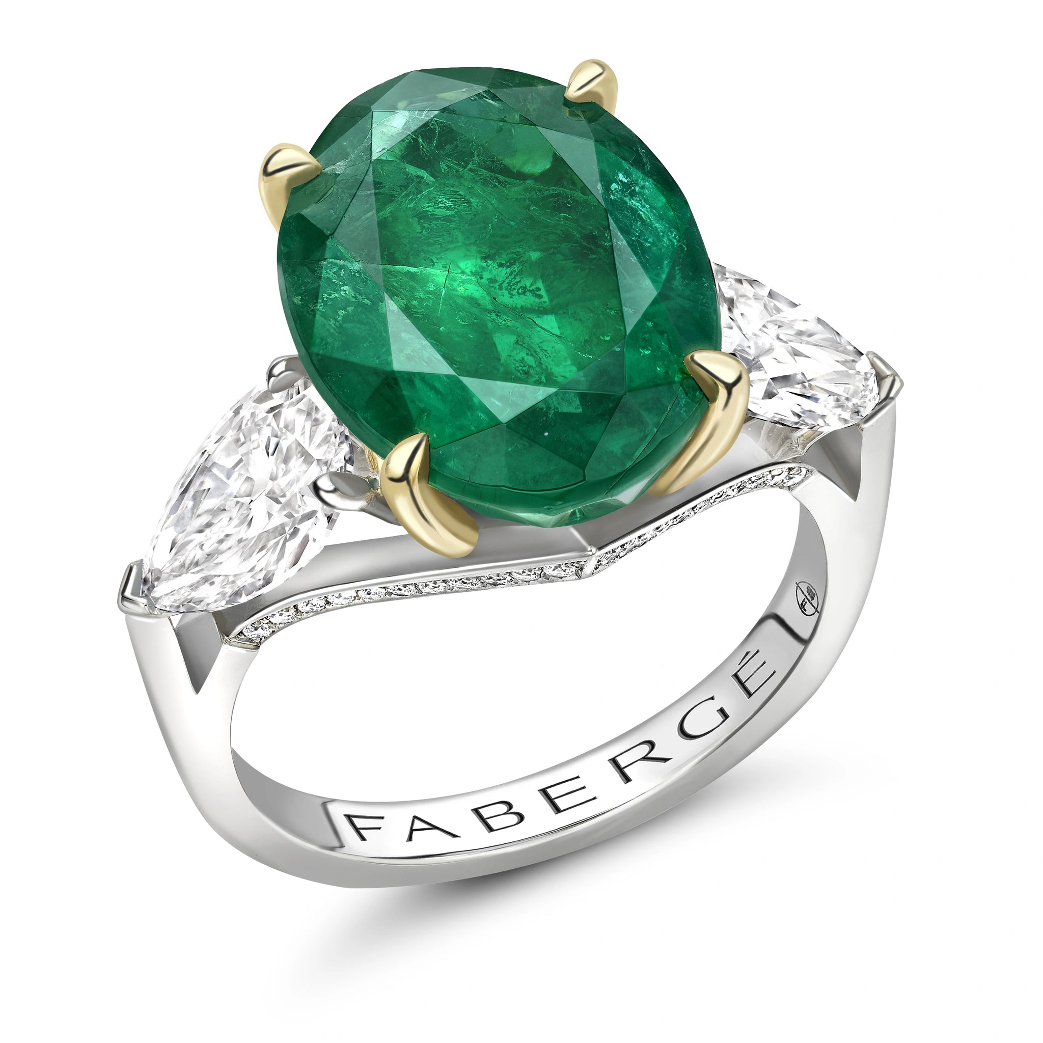Yellow & White Gold Oval Emerald and Pear Shaped Diamond Chevron Ring | Fabergé