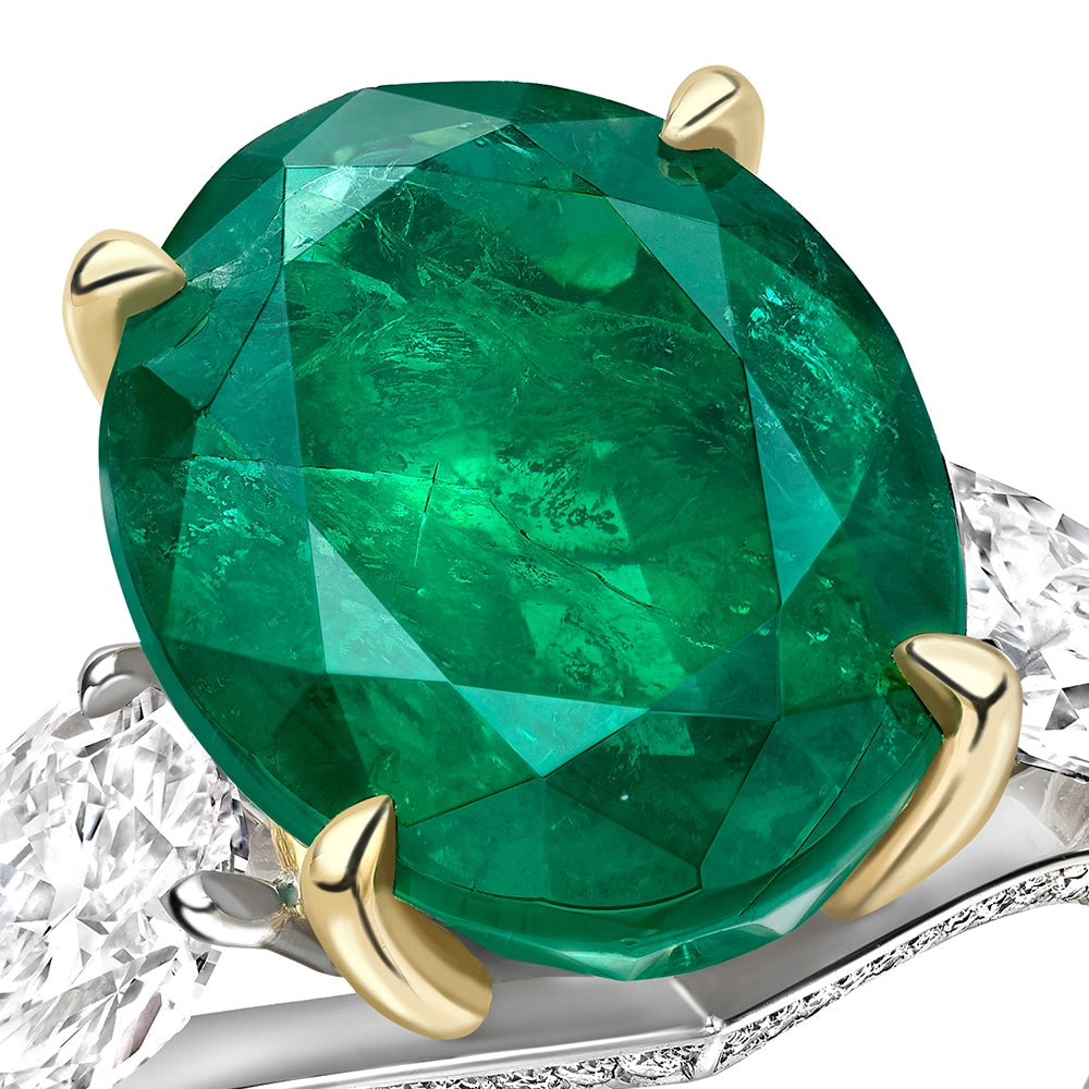 Yellow & White Gold Oval Emerald and Pear Shaped Diamond Chevron Ring | Fabergé