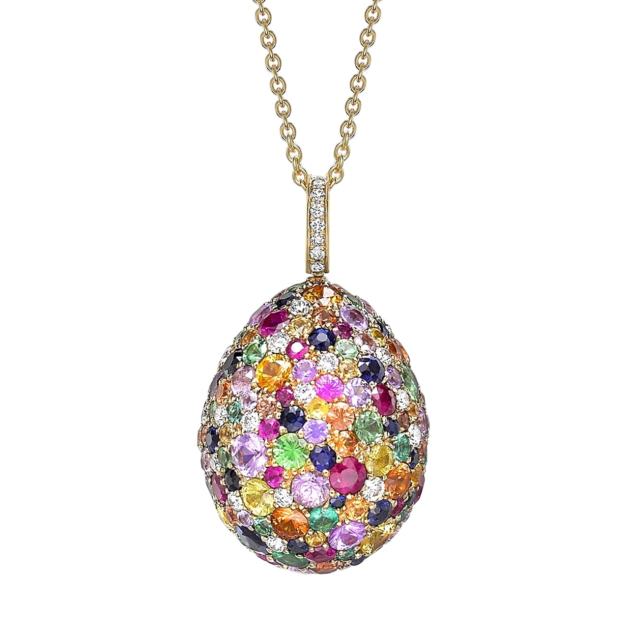 Yellow Gold Multicoloured Sapphire, Ruby, Emerald & Tsavorite Egg Pendant | Fabergé