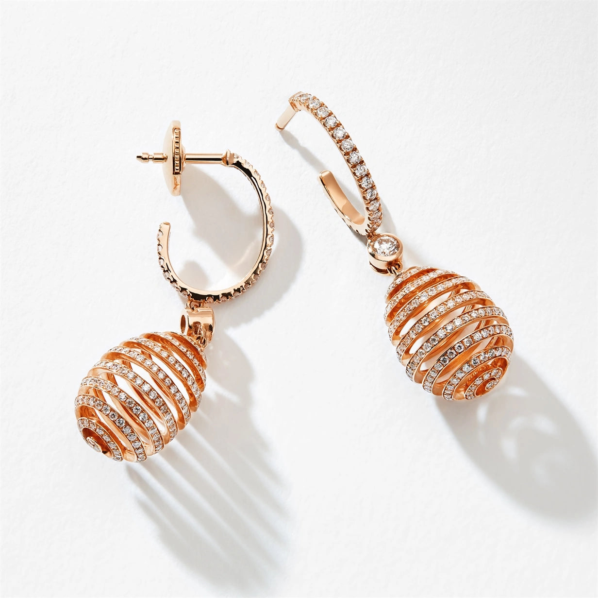 Rose Gold Diamond Pavé Spiral Egg Drop Earrings | Fabergé