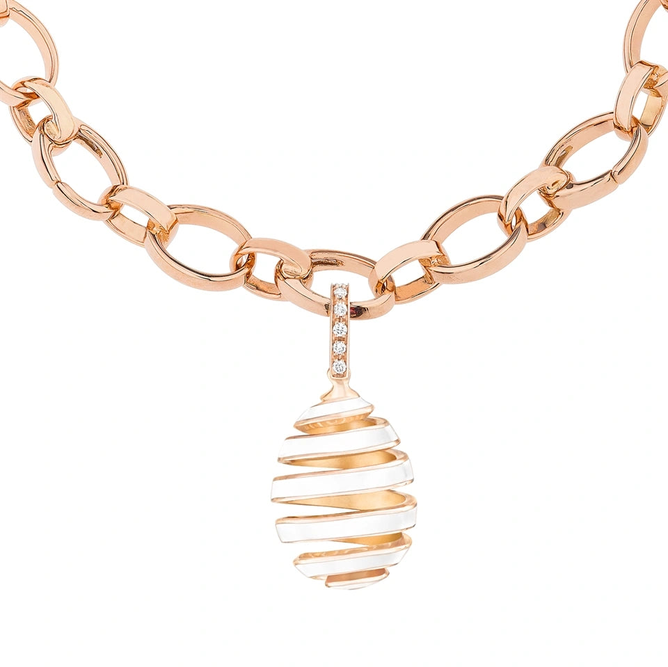 Rose Gold, Diamond & White Enamel Spiral Egg Charm | Fabergé