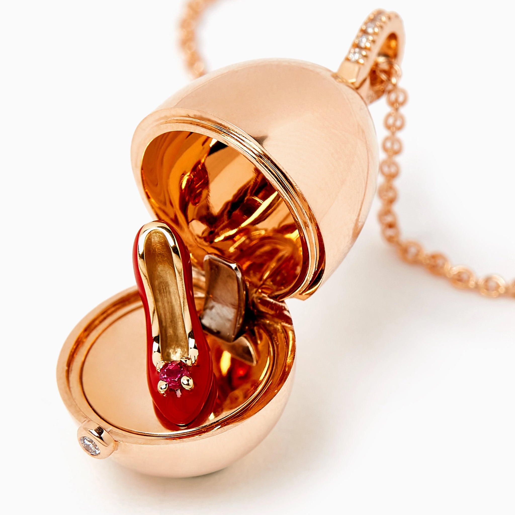 Rose Gold Red Lacquer & Ruby Set Shoe Surprise Locket | Fabergé