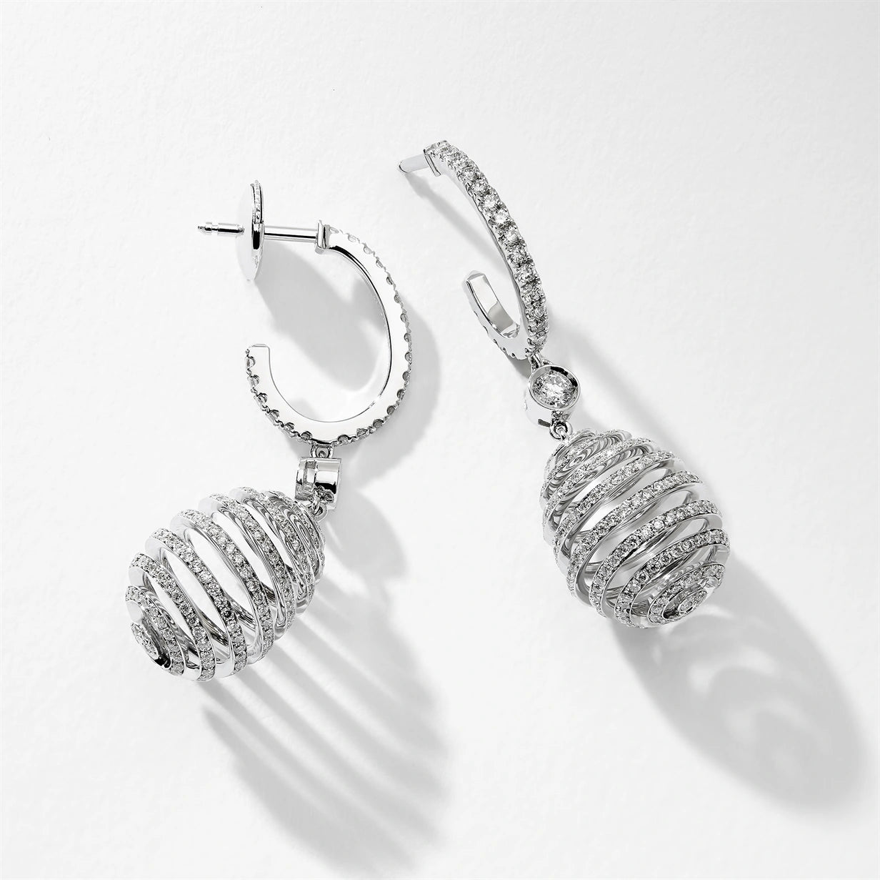 White Gold Diamond Pavé Spiral Egg Drop Earrings | Fabergé