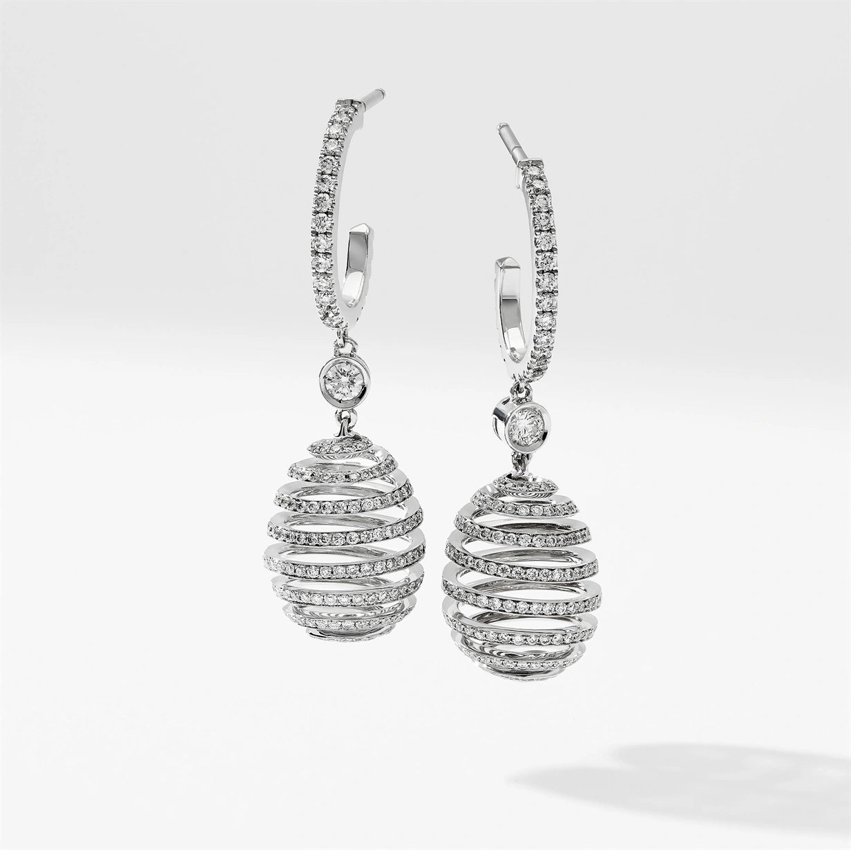 White Gold Diamond Pavé Spiral Egg Drop Earrings | Fabergé
