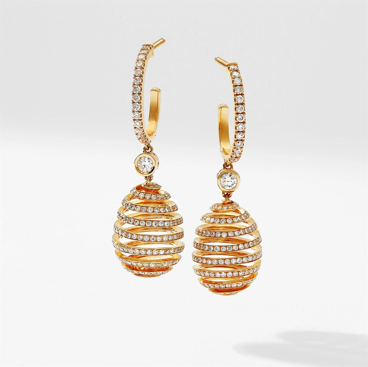 Yellow Gold Diamond Pavé Spiral Egg Drop Earrings | Fabergé