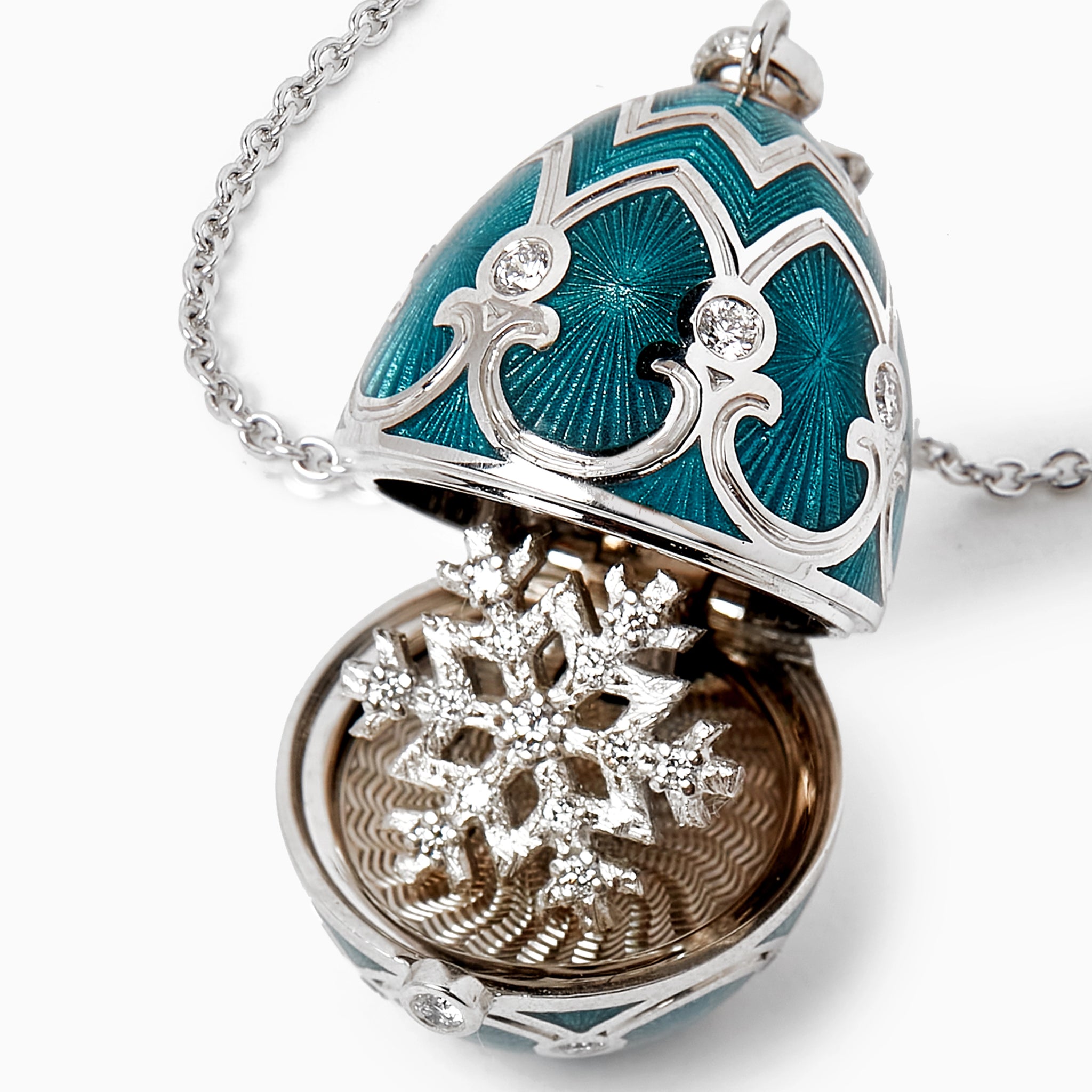 Fabergé Heritage Teal Guilloché Enamel Snowflake Surprise Locket