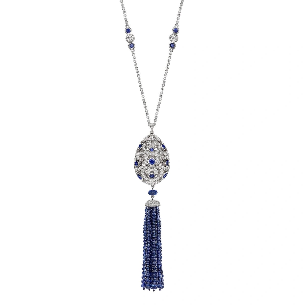Fabergé Imperial Impératrice White Gold & Blue Sapphire Tassel Pendant I Fabergé