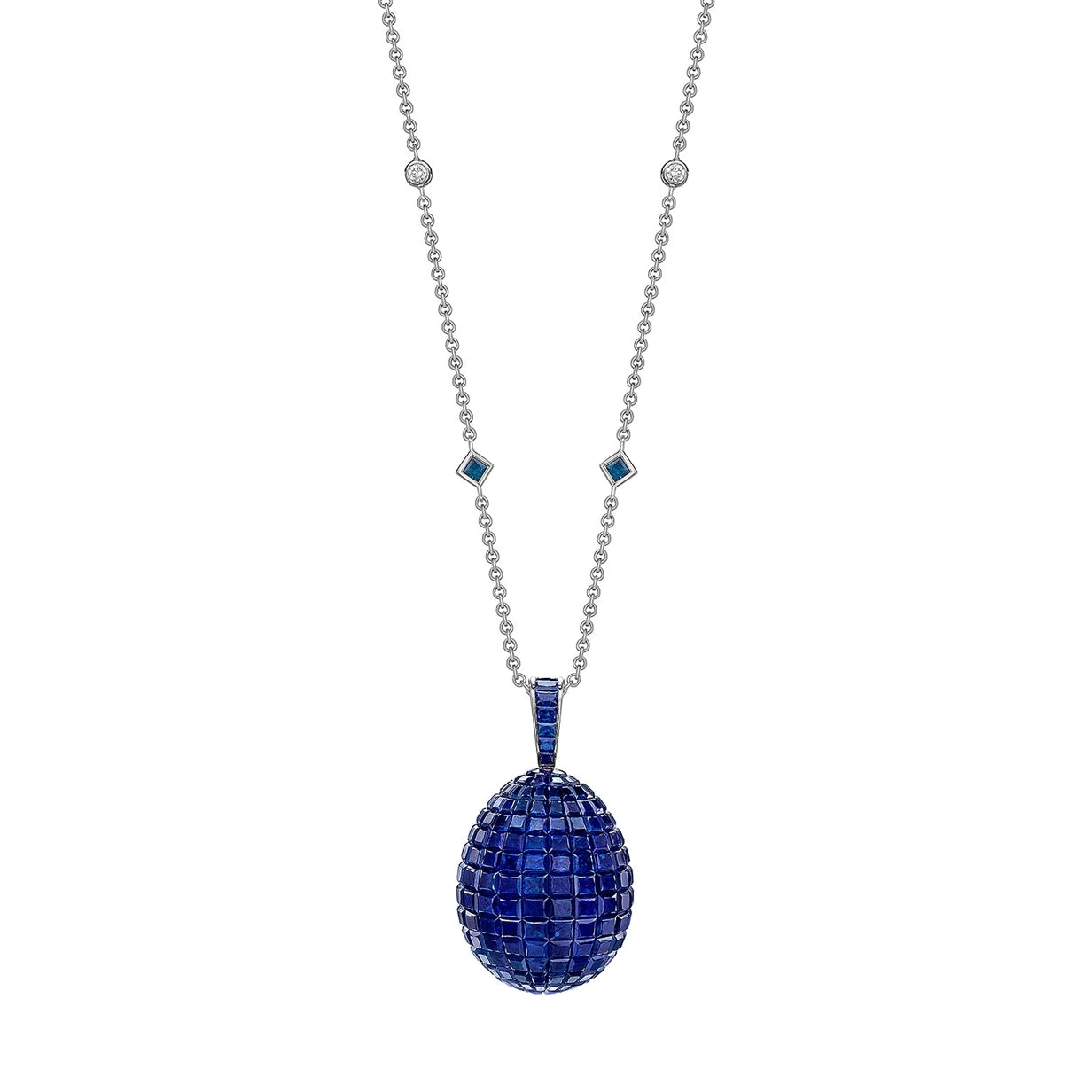 White Gold Blue Sapphire Egg Pendant | Fabergé