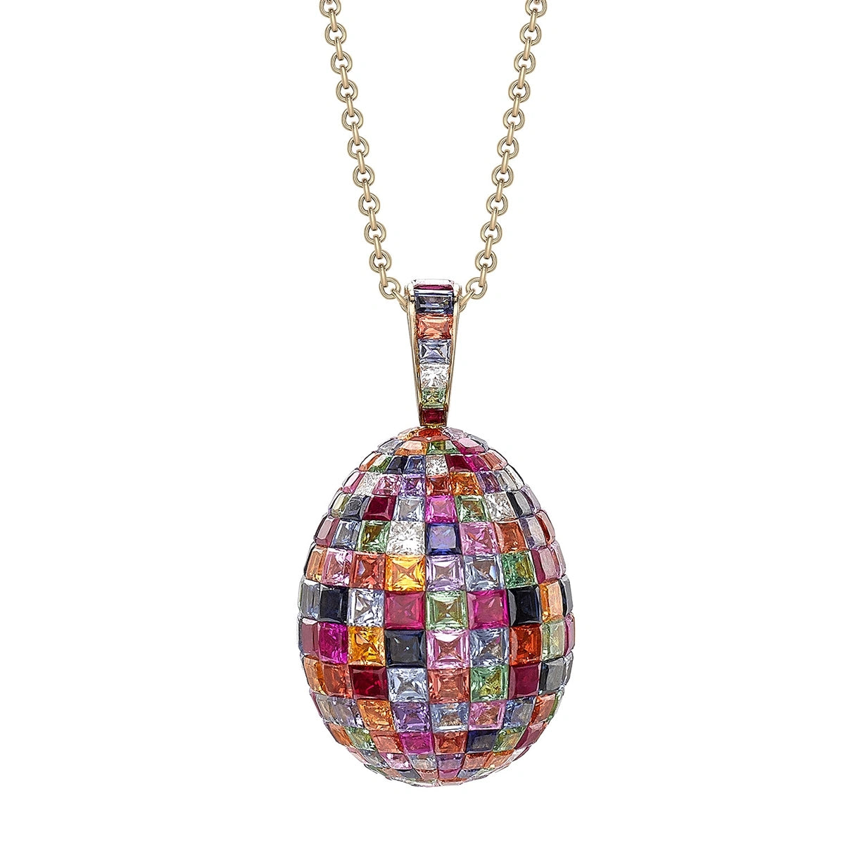 Fabergé Imperial Yellow Gold Mosaic Ruby, Sapphire & Diamond Egg Pendant