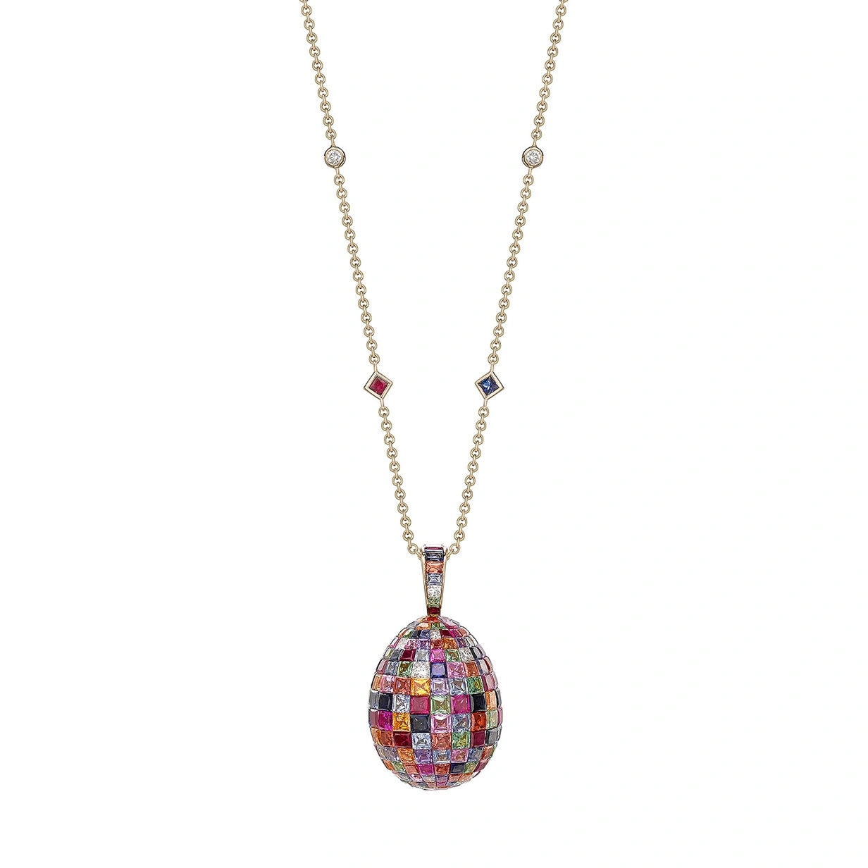 Fabergé Imperial Yellow Gold Mosaic Ruby, Sapphire & Diamond Egg Pendant