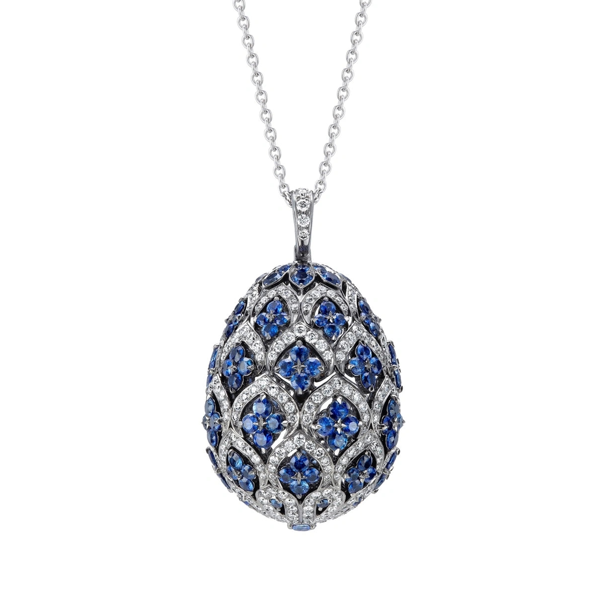 Zenya White Gold & Blue Sapphire Egg Pendant I Fabergé