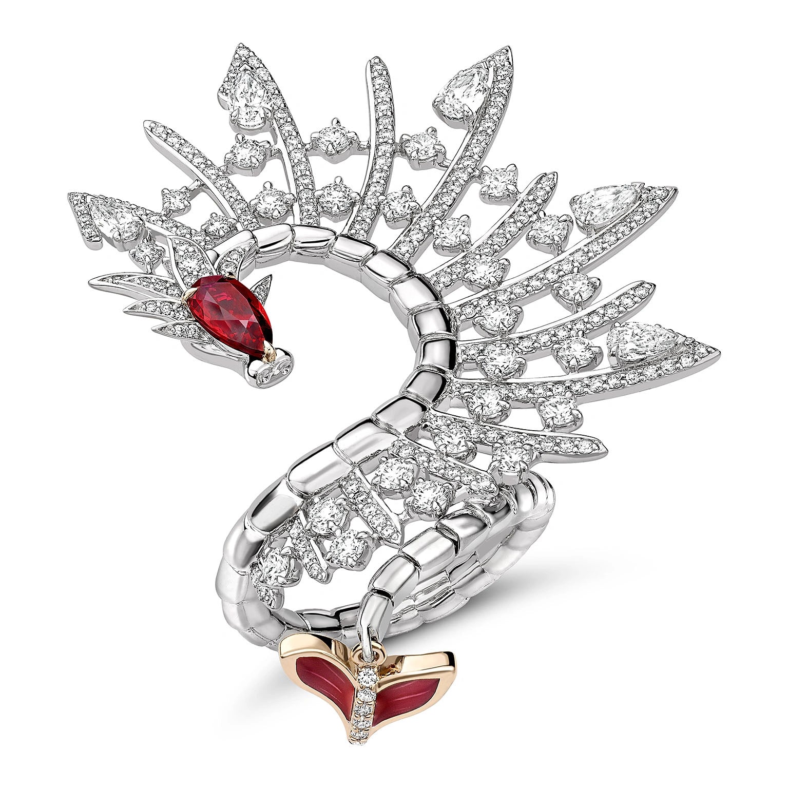 Fabergé x Game of Thrones White and Rose Gold Ruby and Diamond Dragon Skeleton Wrap Ring | Fabergé