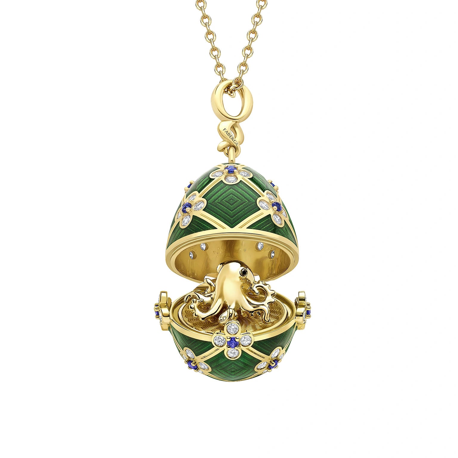 Limited Edition Yellow Gold & Green Guilloché Enamel Octopussy Egg Surprise Locket | Fabergé