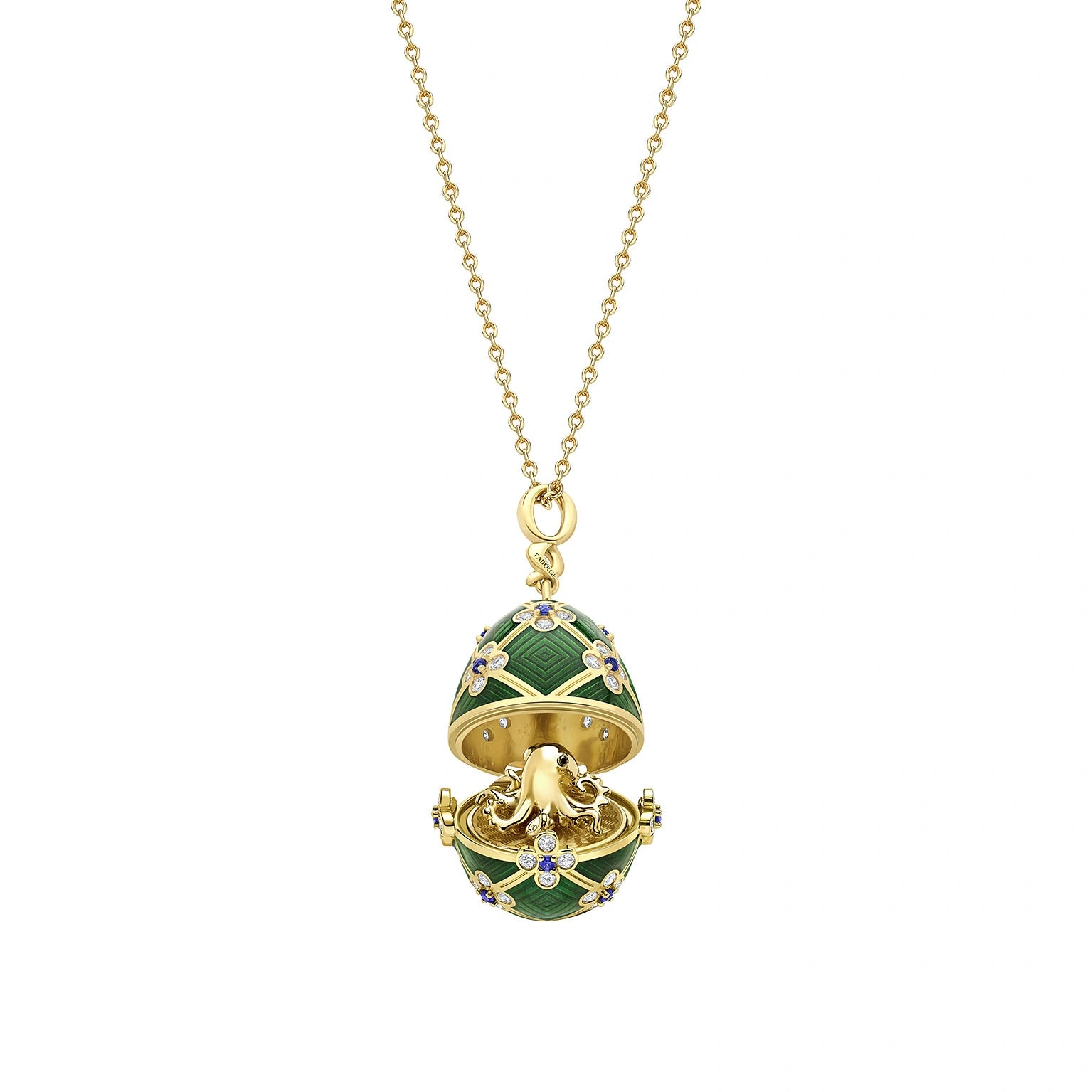 Limited Edition Yellow Gold & Green Guilloché Enamel Octopussy Egg Surprise Locket | Fabergé