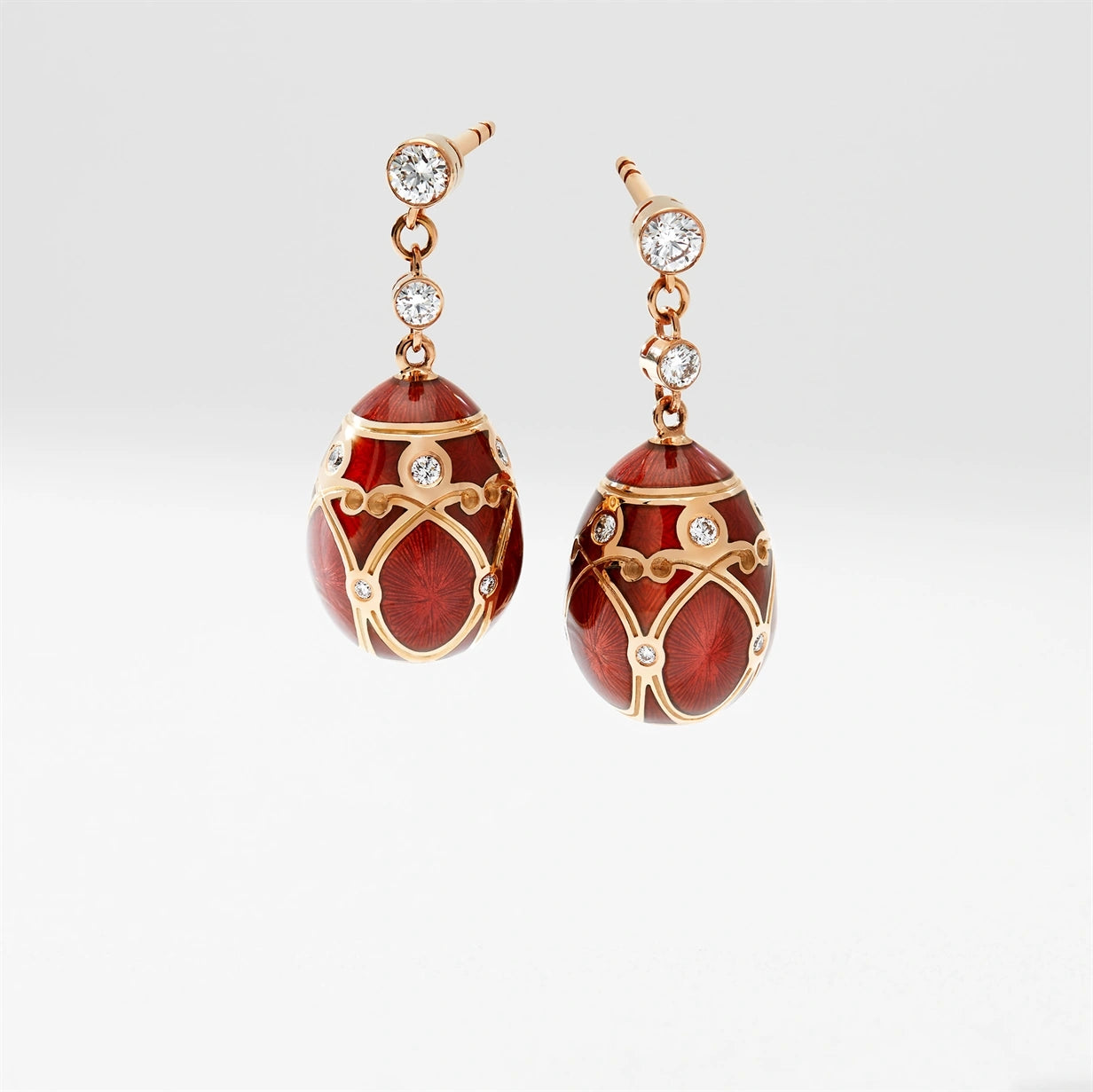 Rose Gold Diamond & Red Guilloché Enamel Egg Drop Earrings | Fabergé