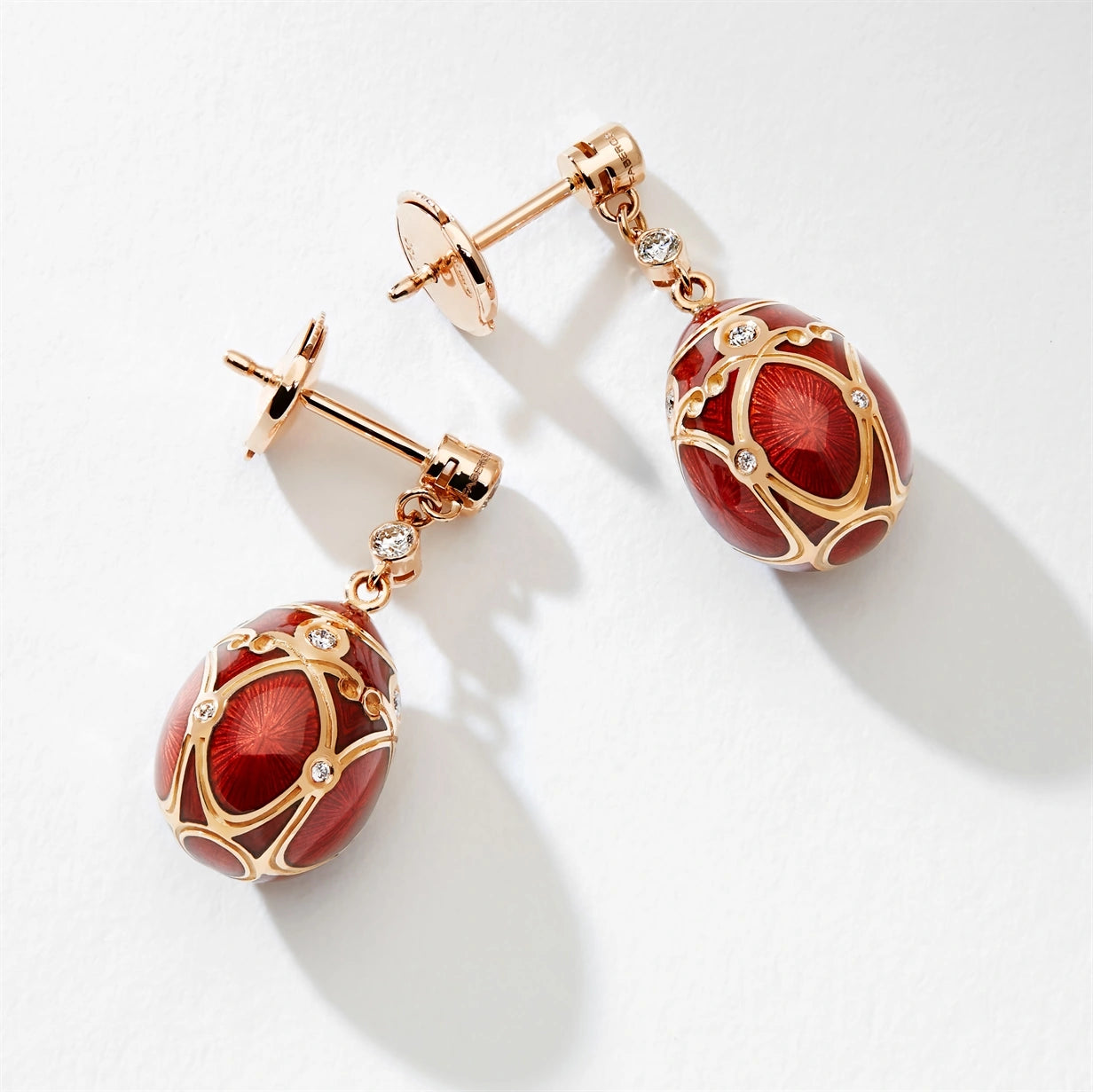 Rose Gold Diamond & Red Guilloché Enamel Egg Drop Earrings | Fabergé