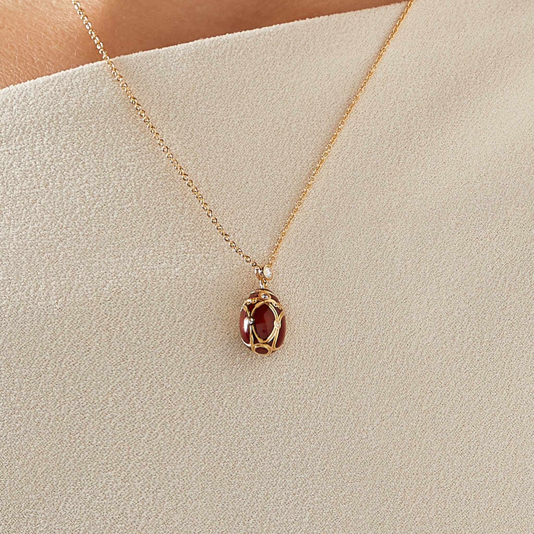 Rose Gold Diamond & Red Guilloché Enamel Petite Egg Pendant | Fabergé