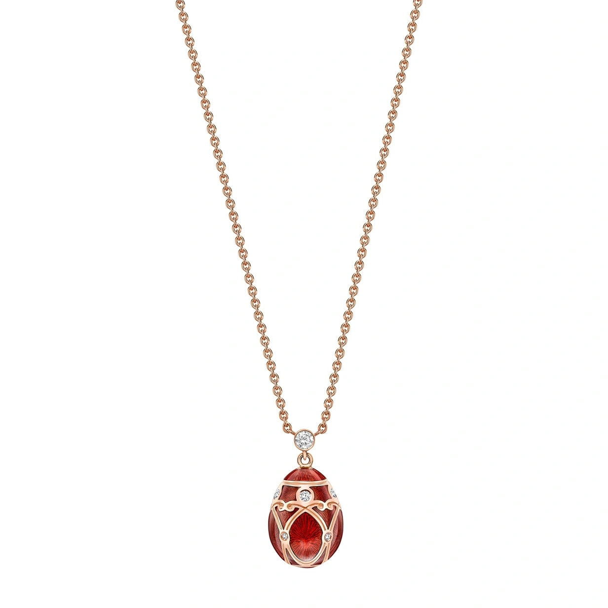 Rose Gold Diamond & Red Guilloché Enamel Petite Egg Pendant | Fabergé