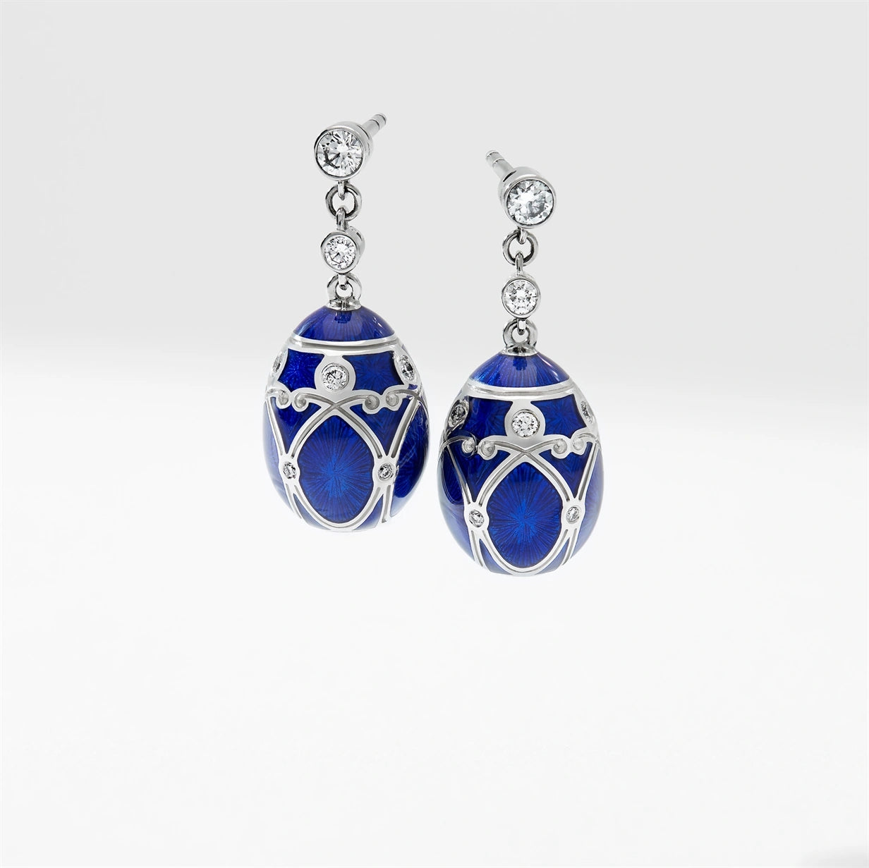 White Gold Diamond & Royal Blue Guilloché Enamel Egg Drop Earrings | Fabergé