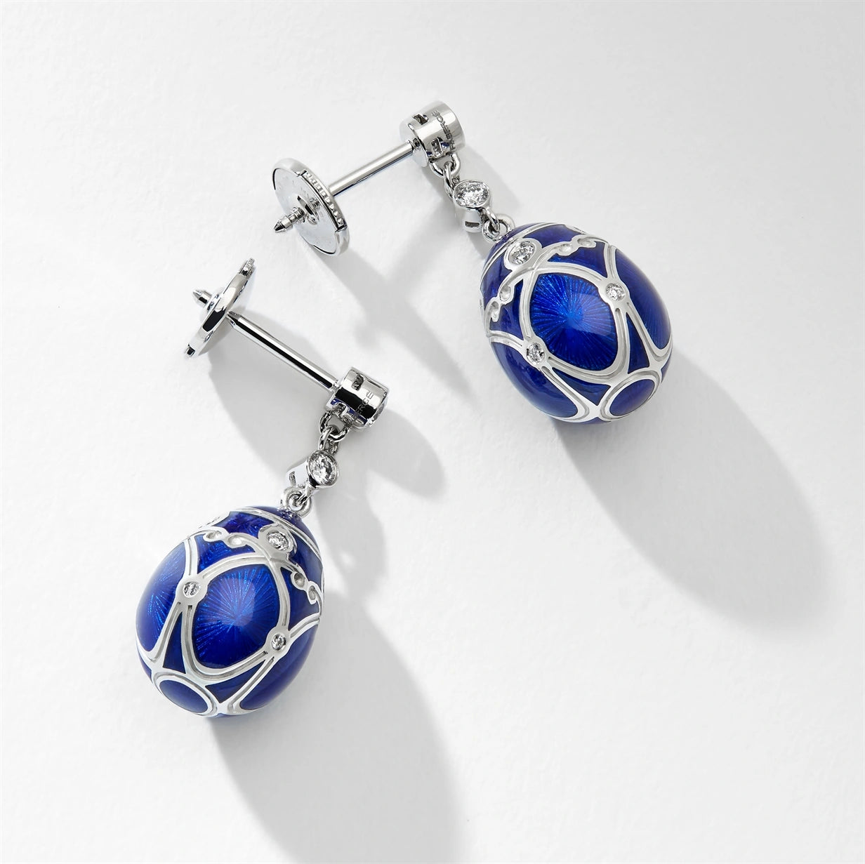 White Gold Diamond & Royal Blue Guilloché Enamel Egg Drop Earrings | Fabergé