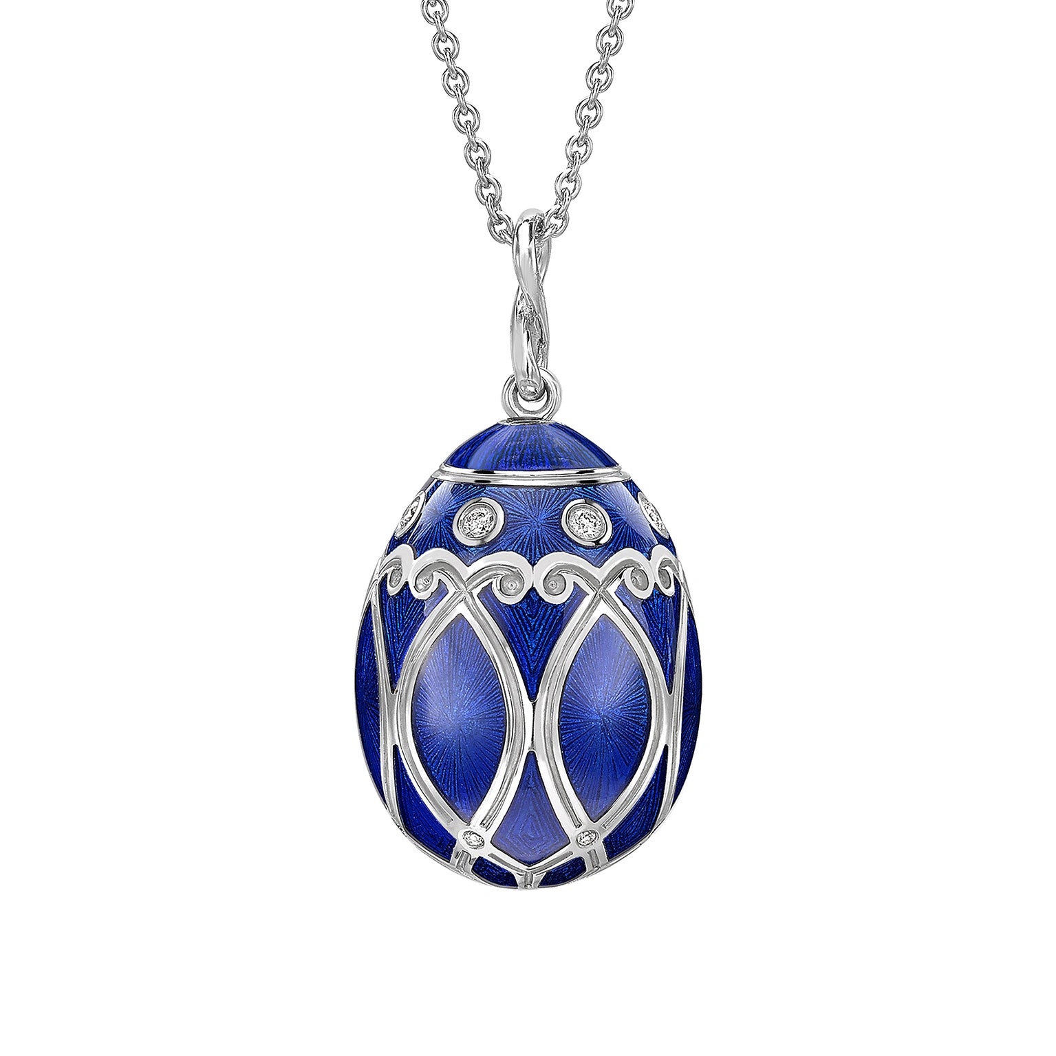 White Gold Diamond & Royal Blue Guilloché Enamel Egg Pendant | Fabergé